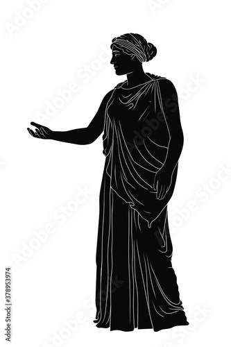 An ancient Greek young woman in a tunic and cape stands and gestures.