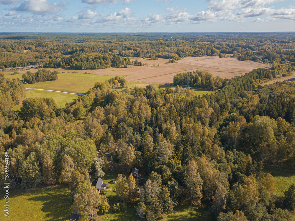 Aerial landscape, countryside, forest and fields. Finnish landscape, Scandinavia. September drone photo