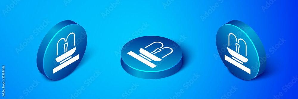 Isometric Fountain icon isolated on blue background. Blue circle button. Vector. Isometric Fountain icon isolated on blue background. Blue circle button. Vector.