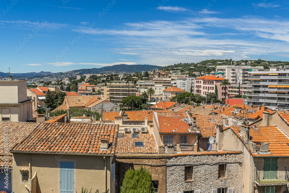 Panoramic view: Le Suquet - the Old town and Port Le Vieux in Cannes, Cote d'Azur, France.