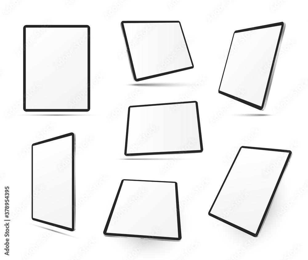Tablet computers in different positions realistic mock ups set. Mobile devices with touchscreen display. Tablet computers in different positions realistic mock ups set. Mobile devices with touchscreen display.
