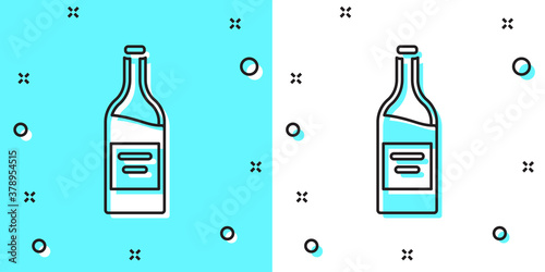 Black line Bottle of wine icon isolated on green and white background. Random dynamic shapes. Vector.