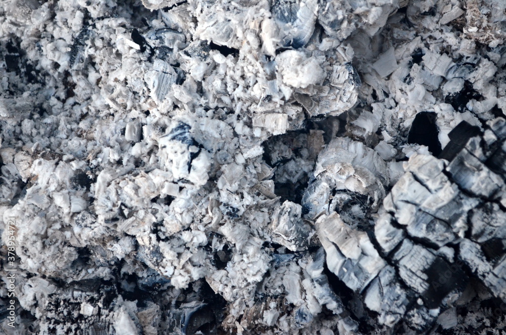 Fototapeta premium Coals in an extinct fire. Natural gray background. Coal and ash in a burnt fire