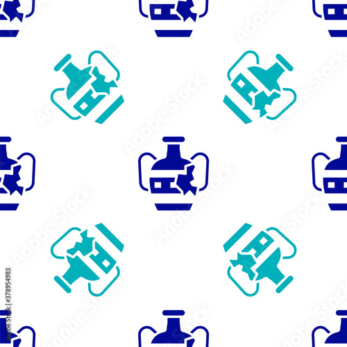 Blue Broken ancient amphorae icon isolated seamless pattern on white background. Vector.