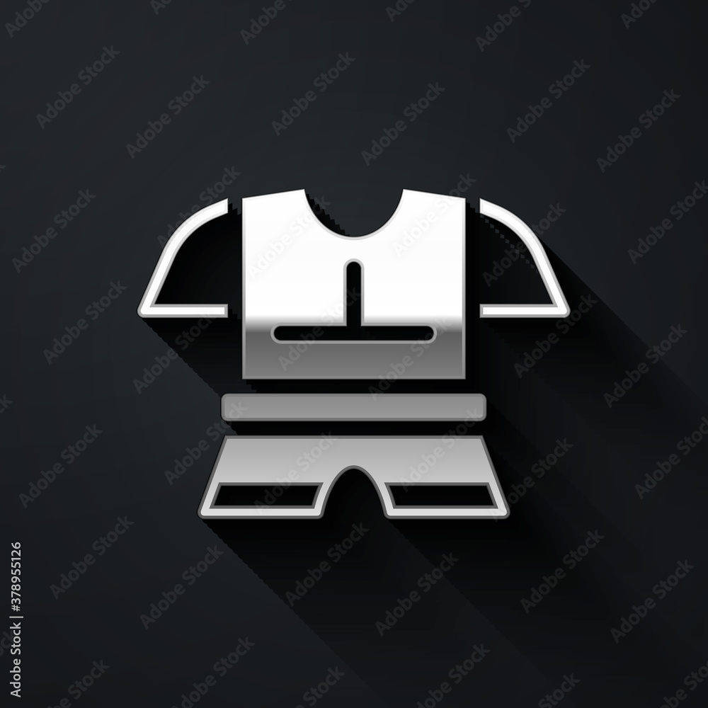 Silver Body armor icon isolated on black background. Long shadow style. Vector. Silver Body armor icon isolated on black background. Long shadow style. Vector.
