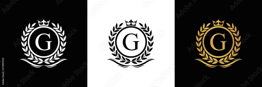 Golden Letter G laurel wreath template logo Luxury gold letter with crown. Monogram alphabet . Beautiful royal initials letter. Golden Letter G laurel wreath template logo Luxury gold letter with crown. Monogram alphabet . Beautiful royal initials letter.