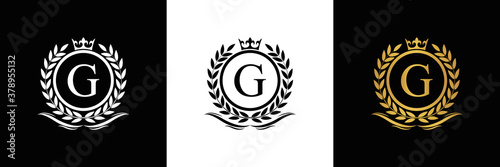 Golden Letter G laurel wreath template logo Luxury gold letter with crown. Monogram alphabet . Beautiful royal initials letter.	