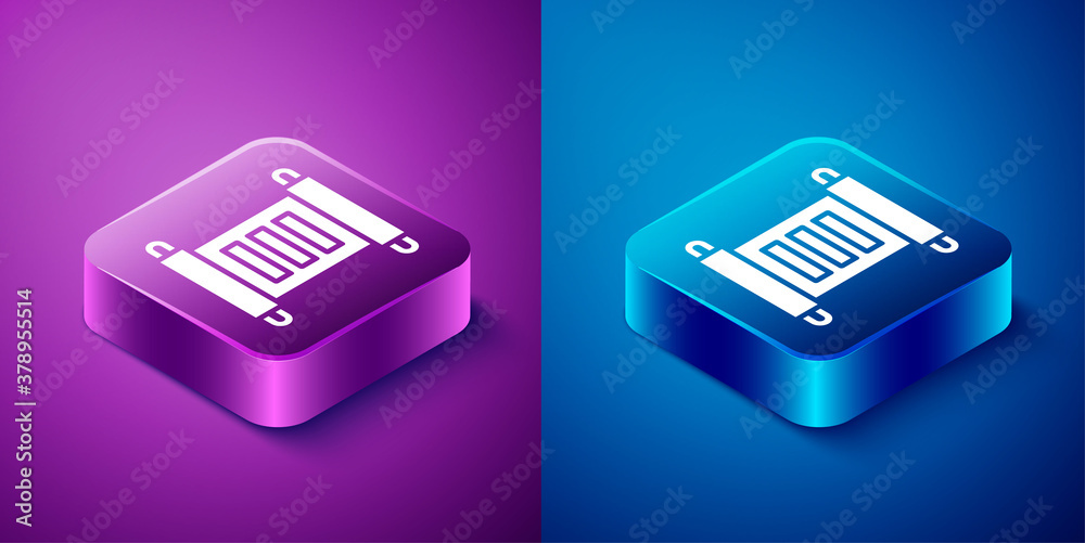 Isometric Decree, paper, parchment, scroll icon icon isolated on blue and purple background. Square button. Vector.