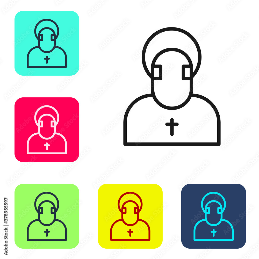 Black line Monk icon isolated on white background. Set icons in color square buttons. Vector. Black line Monk icon isolated on white background. Set icons in color square buttons. Vector.
