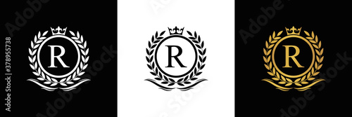 Golden Letter R laurel wreath template logo Luxury gold letter with crown. Monogram alphabet . Beautiful royal initials letter.	