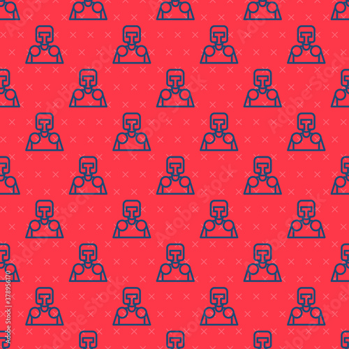 Blue line Medieval knight icon isolated seamless pattern on red background. Vector.