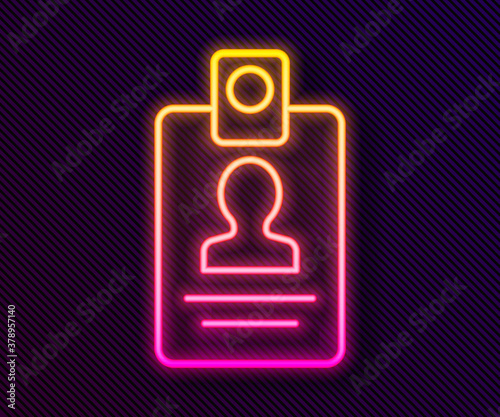 Glowing neon line Identification badge icon isolated on black background. It can be used for presentation, identity of the company, advertising. Vector.