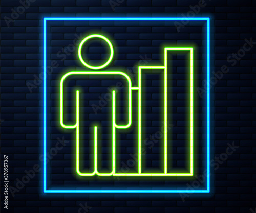 Glowing neon line Productive human icon isolated on brick wall background. Idea work, success, productivity, vision and efficiency concept. Vector.