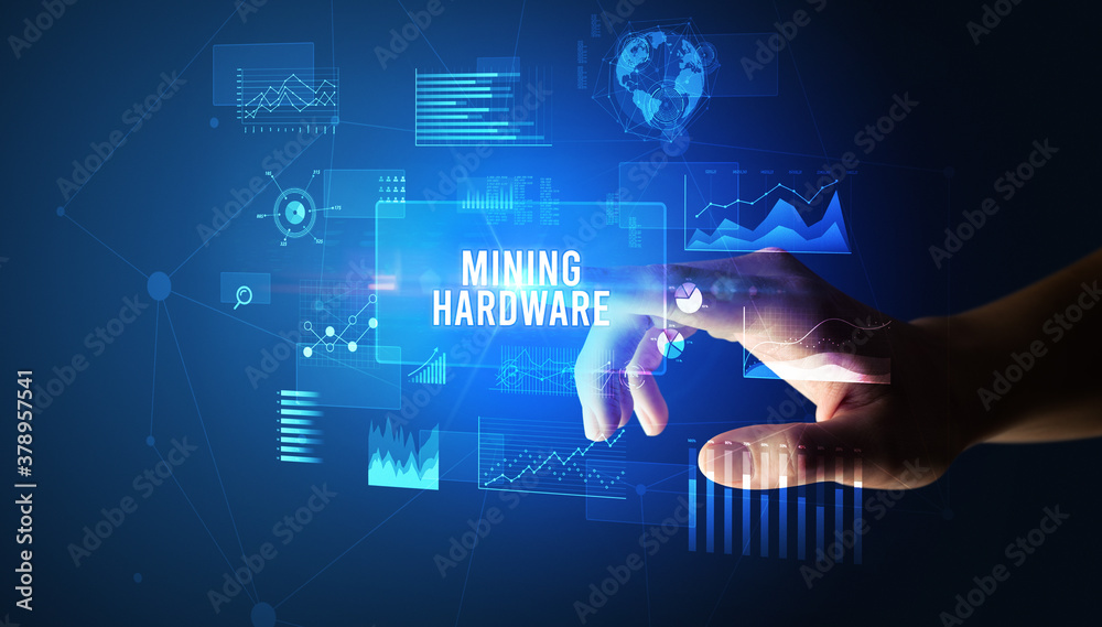 Hand touching MINING HARDWARE inscription, new business technology concept Hand touching MINING HARDWARE inscription, new business technology concept