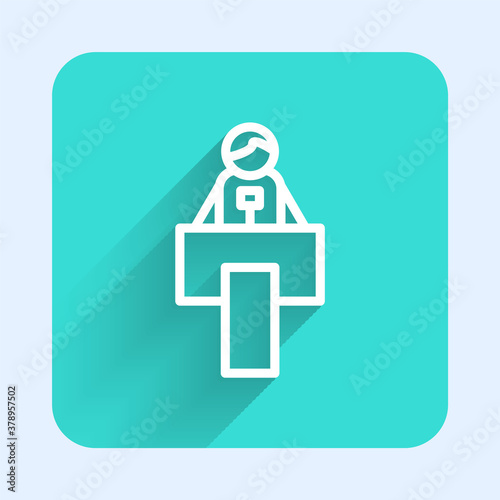 White line Stage stand or debate podium rostrum icon isolated with long shadow. Conference speech tribune. Green square button. Vector.