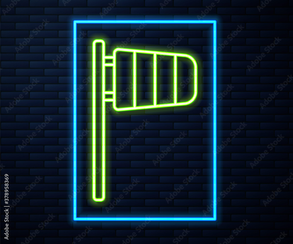 Glowing neon line Cone meteorology windsock wind vane icon isolated on brick wall background. Windsock indicate the direction and strength of the wind. Vector.
