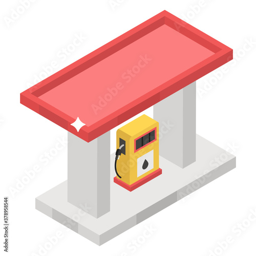 
Petrol pump having shed on it, petrol station in modern isometric stye 
