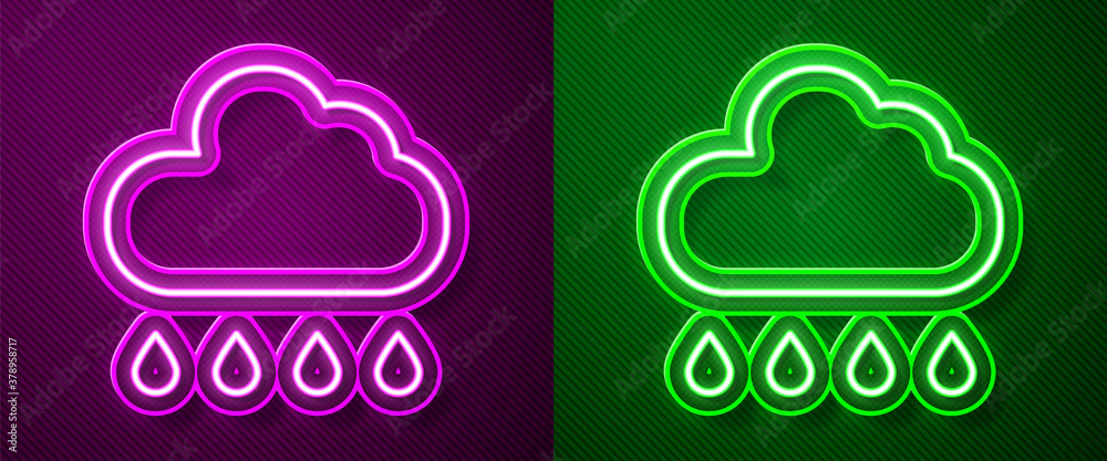 Glowing neon line Cloud with rain icon isolated on purple and green background. Rain cloud precipitation with rain drops. Vector. Glowing neon line Cloud with rain icon isolated on purple and green background. Rain cloud precipitation with rain drops. Vector.