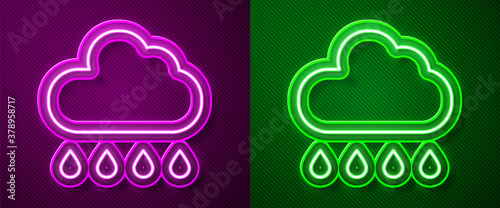 Glowing neon line Cloud with rain icon isolated on purple and green background. Rain cloud precipitation with rain drops. Vector.
