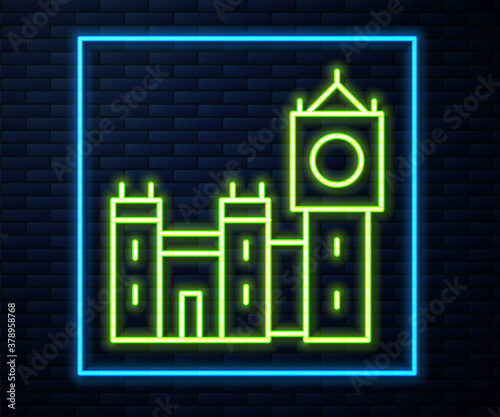 Glowing neon line Big Ben tower icon isolated on brick wall background. Symbol of London and United Kingdom. Vector.