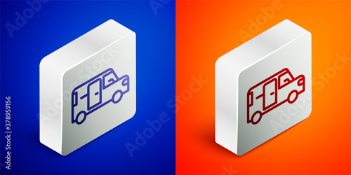 Isometric line Minibus icon isolated on blue and orange background. Silver square button. Vector.