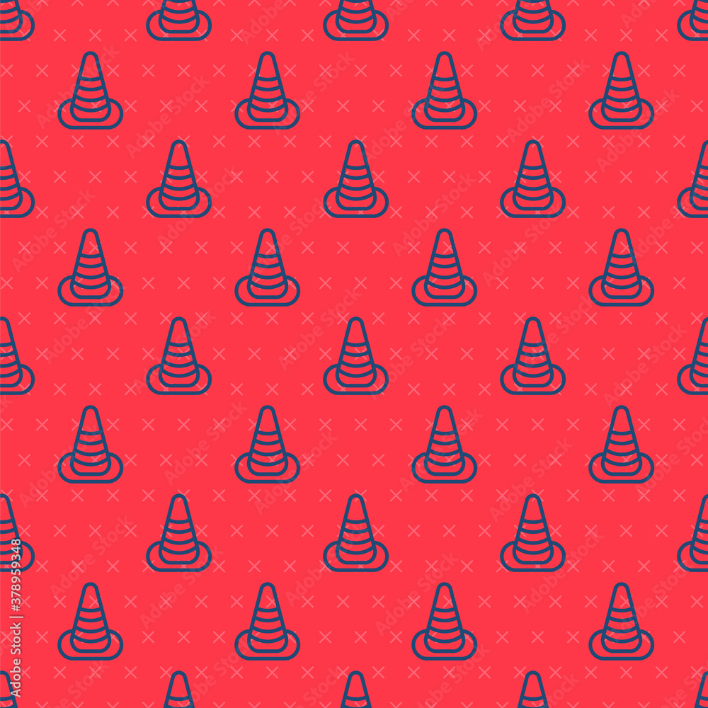 Blue line Traffic cone icon isolated seamless pattern on red background. Vector. Blue line Traffic cone icon isolated seamless pattern on red background. Vector.