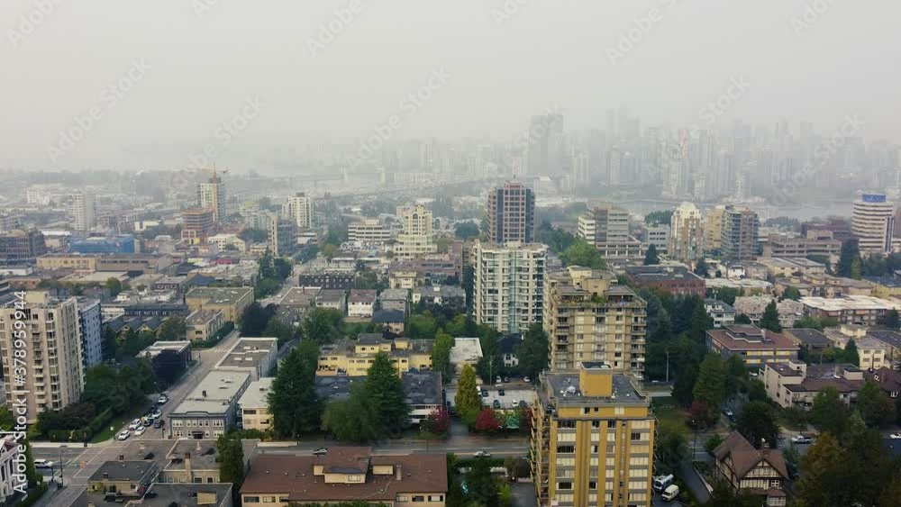 Aerial shot of Vancouver downtown in smoke during wildfires in US