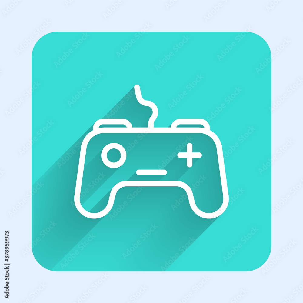 White line Gamepad icon isolated with long shadow. Game controller. Green square button. Vector.