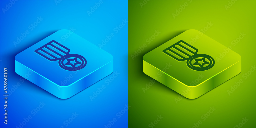 Isometric line Medal with star icon isolated on blue and green background. Winner achievement sign. Award medal. Square button. Vector.