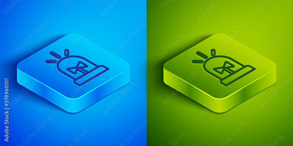 Isometric line Flasher siren icon isolated on blue and green background. Emergency flashing siren. Square button. Vector. Isometric line Flasher siren icon isolated on blue and green background. Emergency flashing siren. Square button. Vector.