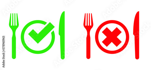 Green eco concept vegetarian Food safety, ready to eat Easy prep foods icon Funny vector logo sign for dinner, breakfast, lunch meal Healthy diet cooking Fork and knife icon Grocery good ideas service