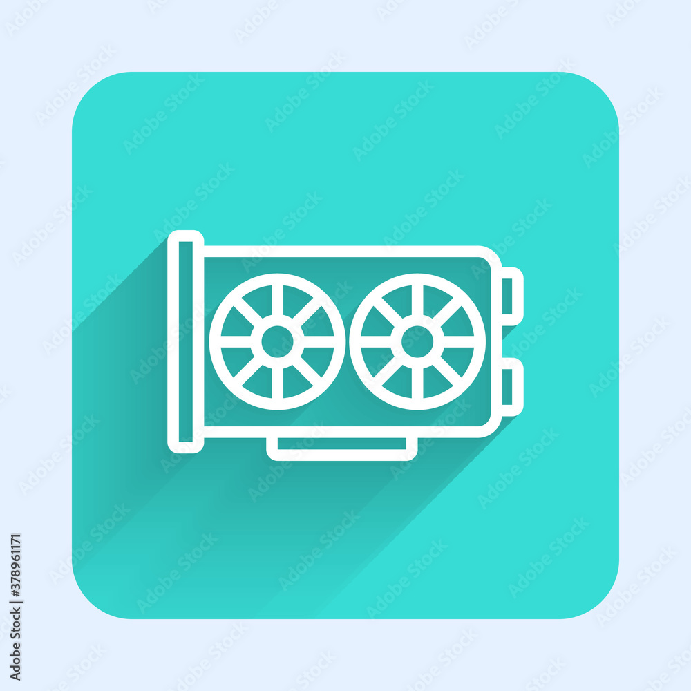 White line Video graphic card icon isolated with long shadow. Green square button. Vector. White line Video graphic card icon isolated with long shadow. Green square button. Vector.