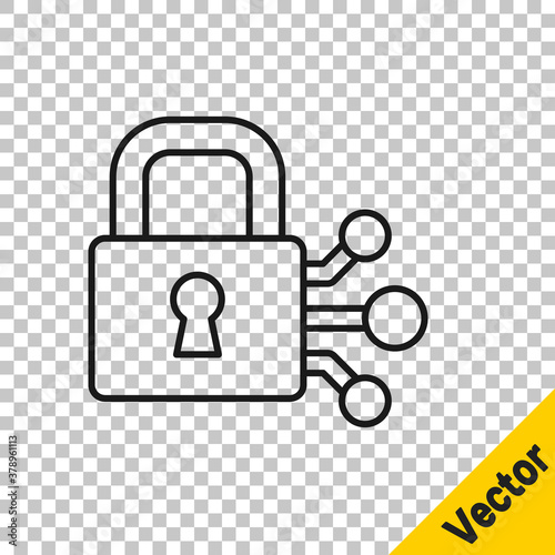 Black line Lock with bitcoin icon isolated on transparent background. Cryptocurrency mining, blockchain technology, security, protect, digital money. Vector.