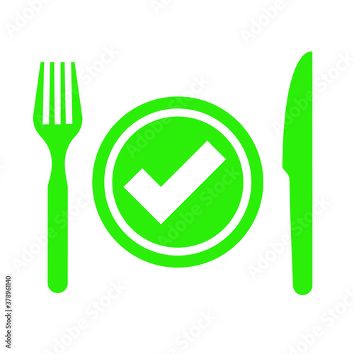 Green eco concept vegetarian Food safety, ready to eat Easy prep foods icon Funny vector logo sign for dinner, breakfast, lunch meal Healthy diet cooking Fork and knife icon Grocery good ideas service