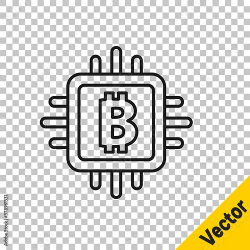 Black line CPU mining farm icon isolated on transparent background. Bitcoin sign inside processor. Cryptocurrency mining community. Digital money. Vector.