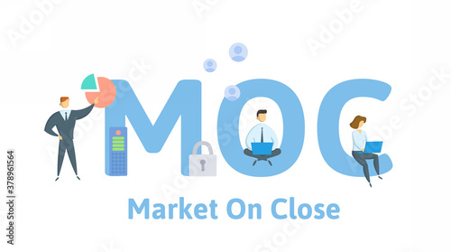 MOC, Market On Close. Concept with keywords, people and icons. Flat vector illustration. Isolated on white.