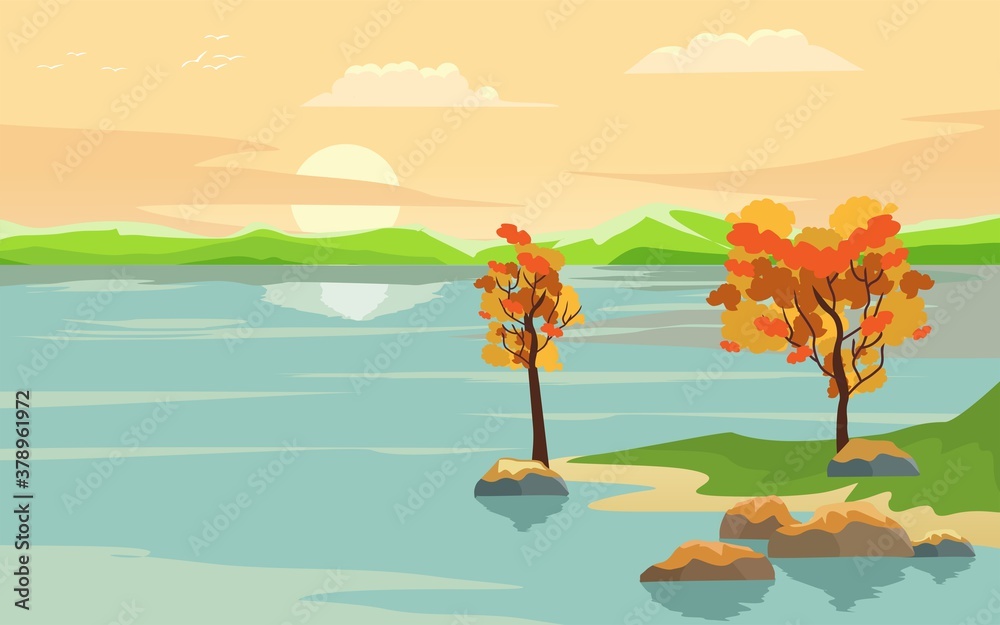 Sun rise on the lake, clouds and trees reflected on the water, nature wild vector illustration