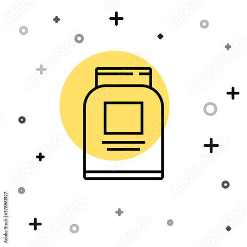 Black line Sports nutrition bodybuilding proteine power drink and food icon isolated on white background. Random dynamic shapes. Vector.