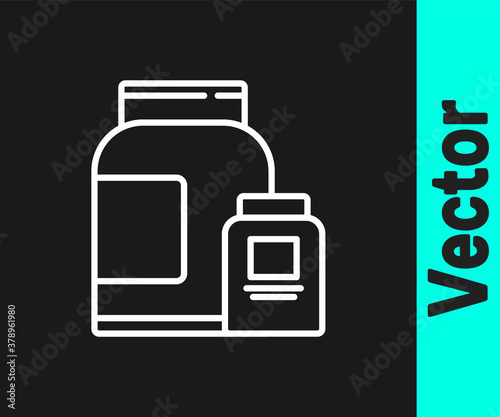 White line Sports nutrition bodybuilding proteine power drink and food icon isolated on black background. Vector.