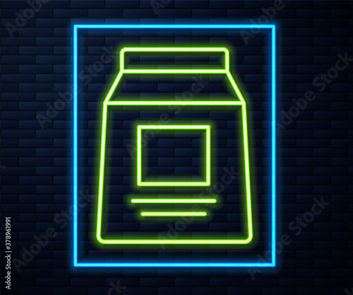 Glowing neon line Sports nutrition bodybuilding proteine power drink and food icon isolated on brick wall background. Vector.