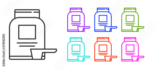 Black line Sports nutrition bodybuilding proteine power drink and food icon isolated on white background. Set icons colorful. Vector.