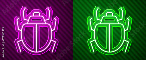 Glowing neon line Mite icon isolated on purple and green background. Vector.