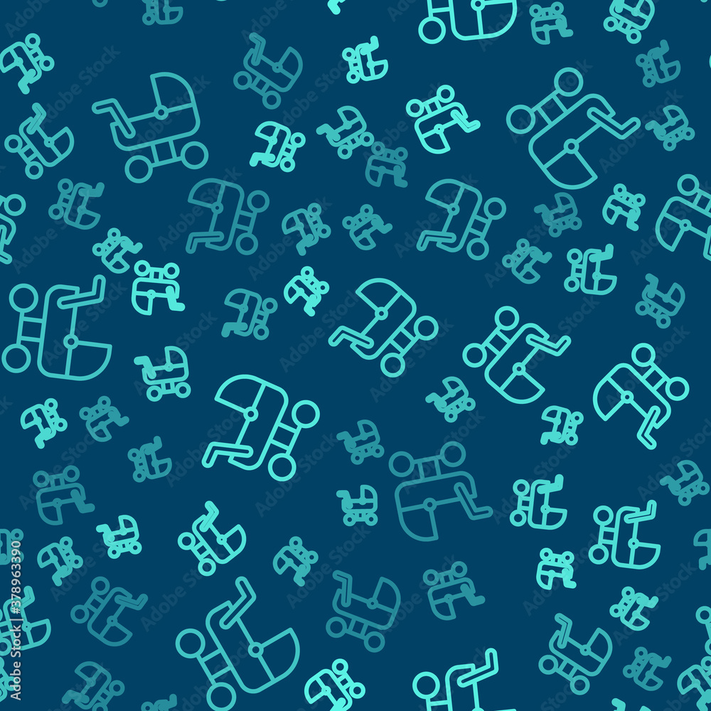 Green line Baby stroller icon isolated seamless pattern on blue background. Baby carriage, buggy, pram, stroller, wheel. Vector. Green line Baby stroller icon isolated seamless pattern on blue background. Baby carriage, buggy, pram, stroller, wheel. Vector.