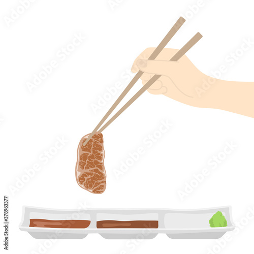 タレにつけて食べる焼き肉のイラスト