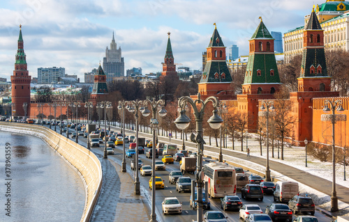 February 5, 2020 Moscow, Russia, Traffic jam on the Kremlin embankment in Moscow.