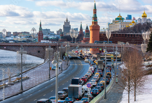 Photography February 5, 2020 Moscow, Russia, Traffic jam on the Kremlin embankment in Moscow