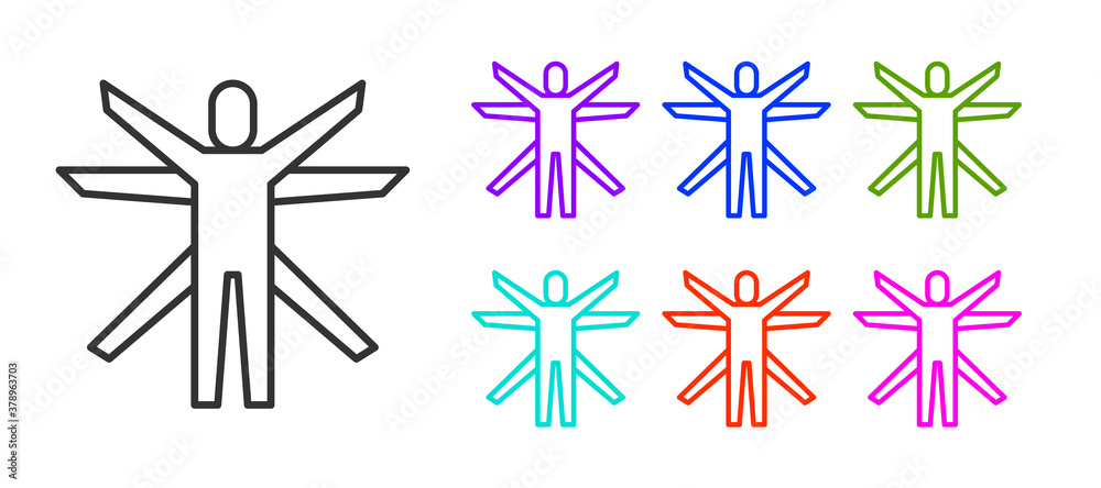 Black line Vitruvian Man by Leonardo Da Vinci icon isolated on white background. Human anatomy. Set icons colorful. Vector. Black line Vitruvian Man by Leonardo Da Vinci icon isolated on white background. Human anatomy. Set icons colorful. Vector.