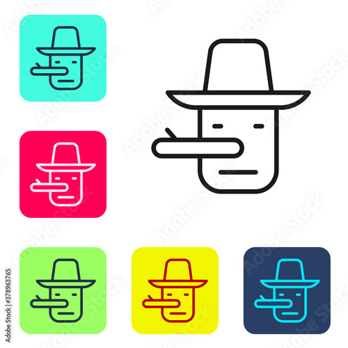 Black line Pinocchio icon isolated on white background. Set icons in color square buttons. Vector.