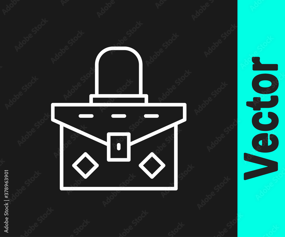 White line Handbag icon isolated on black background. Female handbag sign. Glamour casual baggage symbol. Vector. White line Handbag icon isolated on black background. Female handbag sign. Glamour casual baggage symbol. Vector.