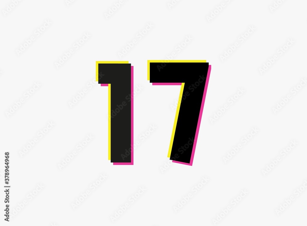 Number 17 vector desing logo. Dynamic, split-color, shadow of  number pink and yellow on white background. For social media,design elements, creative poster, anniversary celebration, greeting and web